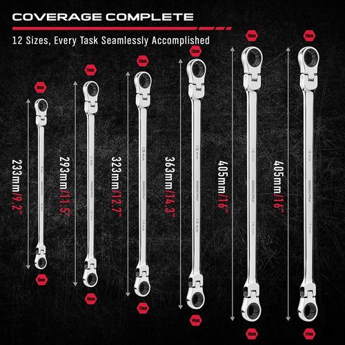 6PC 8-19mm Flex-Head Ratchet Spanner Set  Extra Long Double Box End Spanner Kit — image 5
