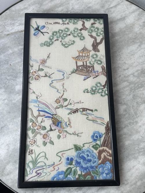 Chinese Hand Embroidered Silk Framed Picture Panel Blossom Bird Vintage