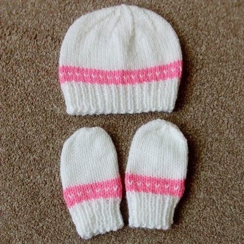 Hand Knitted Baby Hat and Mitten Set White, 0-3 Months