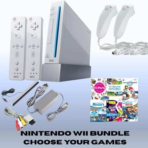 Nintendo Wii Console Kit Bundle Refurbished 2 Two Controllers Nunchuk + Games
