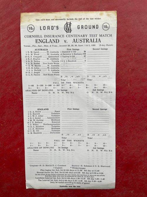 Centenary Test Match, Lords 1980: ticket, scorecard and souvenir programme — image 24
