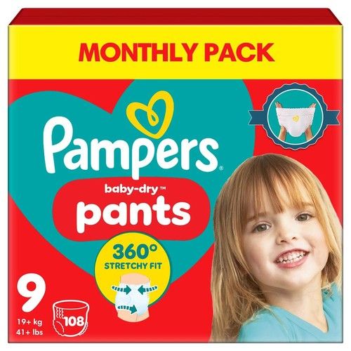 Pampers Baby Dry Size9 Diaper Pants 19+kg Stretchy Large Monthly Pack 108Nappies
