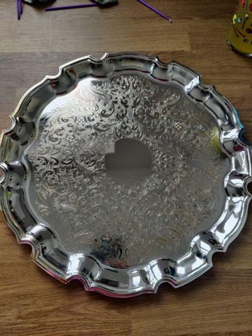 Vintage Silver Plated Round Serving Tray Scalloped Edge Ornate Engraved Salver