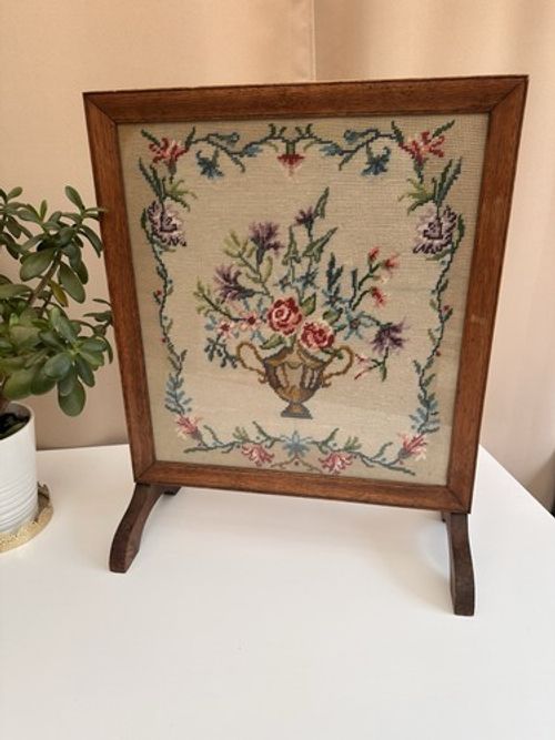 Vintage Wooden Firescreen Floral Tapestry Needlepoint Embroidery Freestanding