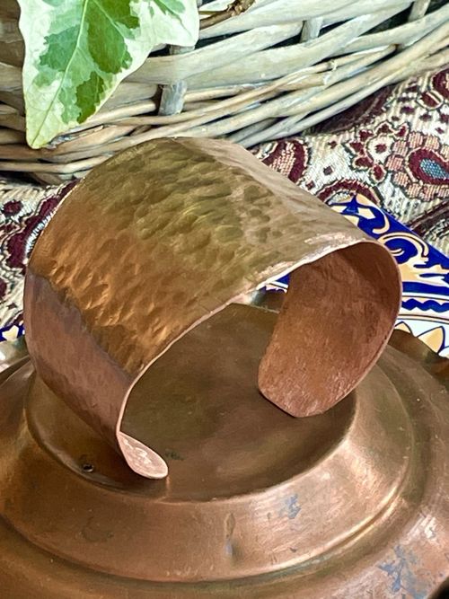 Wide Hammered Copper Cuff Bracelet / Open Bangle Adjustable No Stone — image 4