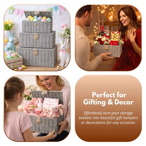 3pc Storage Basket Set - PE Wicker Woven Hamper Box Lid & Lock Stackable Home — image 12