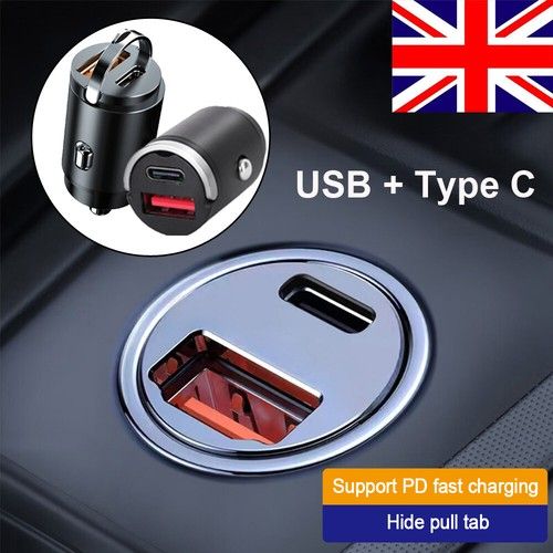USB + TYPE C 2 Port Fast Car Charger Cigarette Socket Adapter For iPhone Samsung