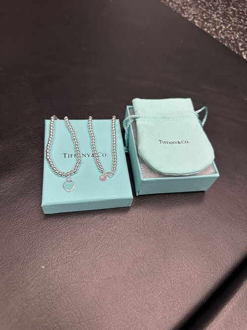 Tiffany Blue Heart Tag Bead Necklace in Silver, 18 inches length — image 1