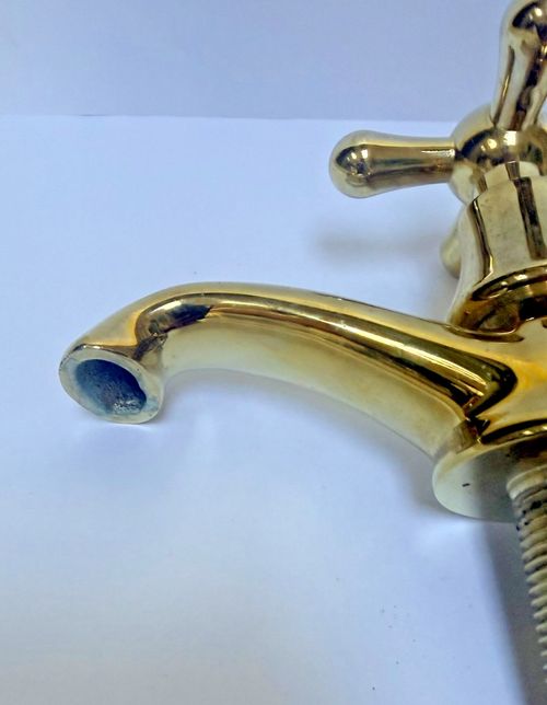 Pair of Vintage Heavy, Solid Brass Pillar Deck Mount Basin Taps — image 7