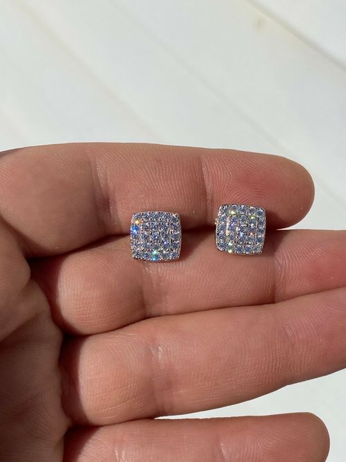 Real Solid 925 Silver Iced Simulated Diamond Earrings Screw Back Square Men's — image 6