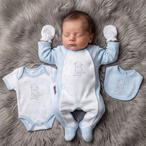 Premature Baby Boy Cotton 4 Piece Outfit Set Sleepsuit Vest Bib Mitts BLUE — image 3