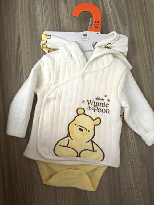 Primark Disney Winnie the Pooh 3pc Set 3-6M Hooded Quilted Jacket White/Beige