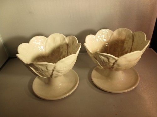 2 Vintage White Ceramic Pedastal Dish Bowl Leaf Design 3.5x4.5 Inch