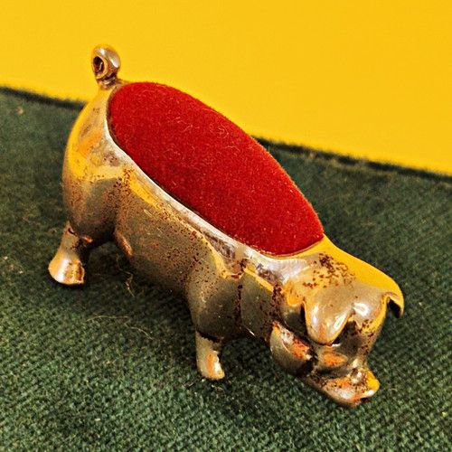 Vintage 925 Sterling Silver Pig Pin Cushion Red Miniature Sewing Collectable