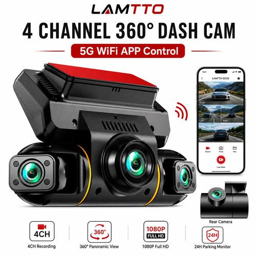 LAMTTO WiFi 4 Channel Dash Cam Front and Rear Inside 1080P 360°Dash Camera 128GB