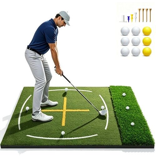 Golf Mat with Dual Turf Golf Hitting Mat with Standing Guide-Line & Swing Path