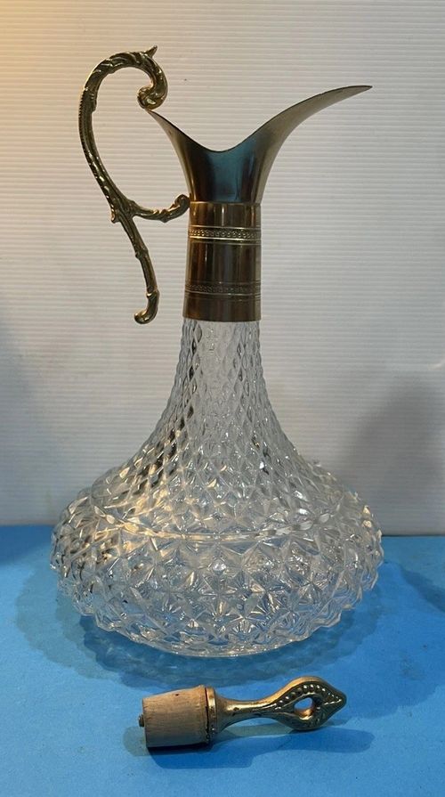 Italian Vintage Crystal Glass Silver Plate Decanter Pitcher Ewer Claret Wine Jug — image 3