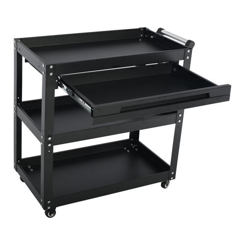 3-Tier Workshop Tool Trolley Cart with Drawer, Steel Garage Storage Cart, Black — image 18