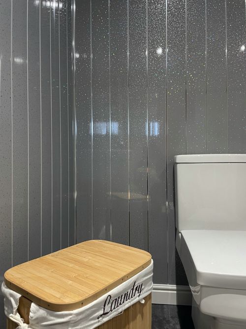 10 Grey Sparkle Chrome Strip Bathroom Cladding PVC Plastic Shower Wall Panels — image 3