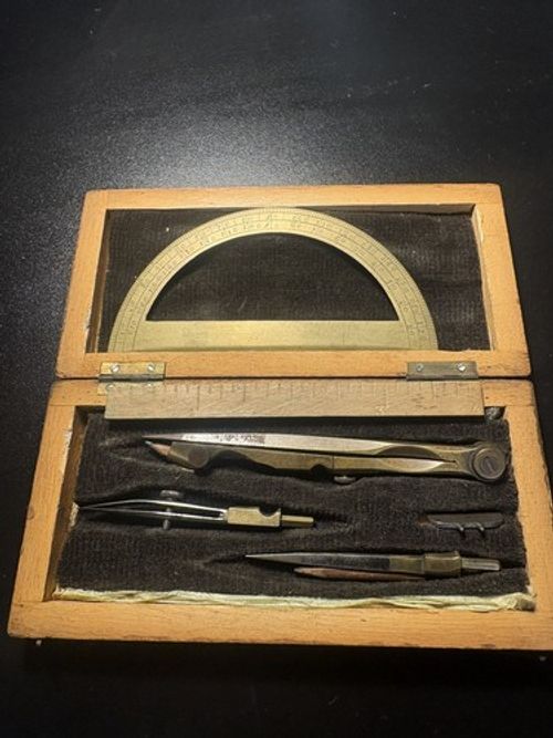 Antique Brass Technical Drawing Equipment in Case