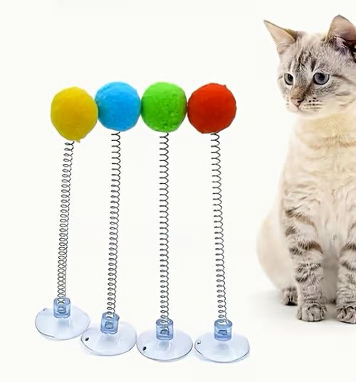 Interactive Cat Teaser Toy Suction Cup Base Spring with Pom Pom Ball Multicolour