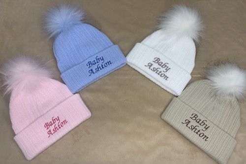 Personalised Baby Hat 0-6 Months | Unisex Faux Pom Pom | Boy & Girl Baby Shower