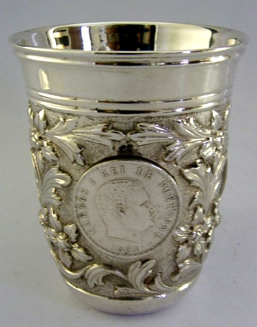 SUPERB HEAVY 140g PORTUGUESE 916 SOLID SILVER COIN BEAKER CUP c1950 MERGULHAO — image 1