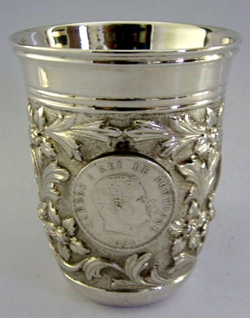 SUPERB HEAVY 140g PORTUGUESE 916 SOLID SILVER COIN BEAKER CUP c1950 MERGULHAO