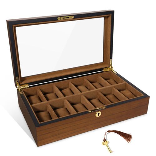 6/10/12 Grids Wooden Watch Box Glass Lid Jewelry Display Organizer Storage Case — image 1