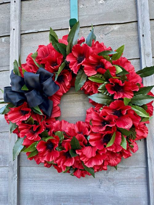 Artificial Red Poppy Floral Door Wreath with Green Leaves & Black Bow size 45cm
