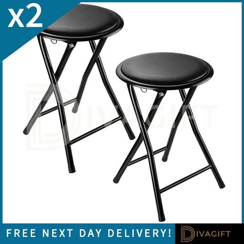 2 x BLACK FOLDING STOOL SOFT PADDED CUSHIONED SEAT METAL FOLDING FREESTANDING