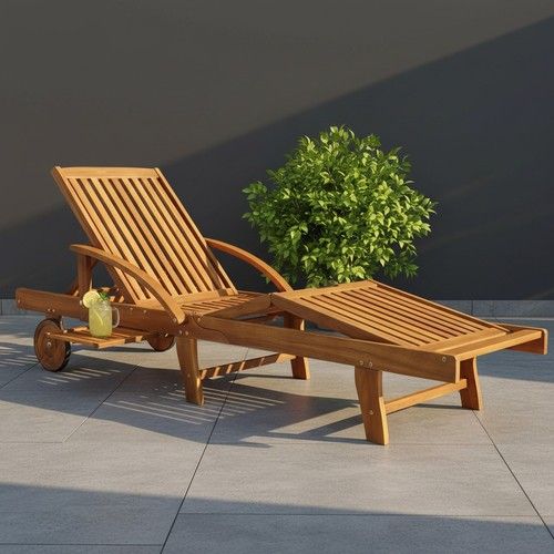 Wooden Sun Lounger Chaise 4 Level Reclining Sunbed Folding Garden Chair W Wheels