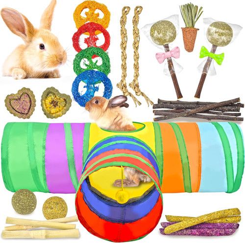 26-In-1 Natural Rabbit Toys with Rabbit Tunnel Set, Various Chew Toys Boredom Br