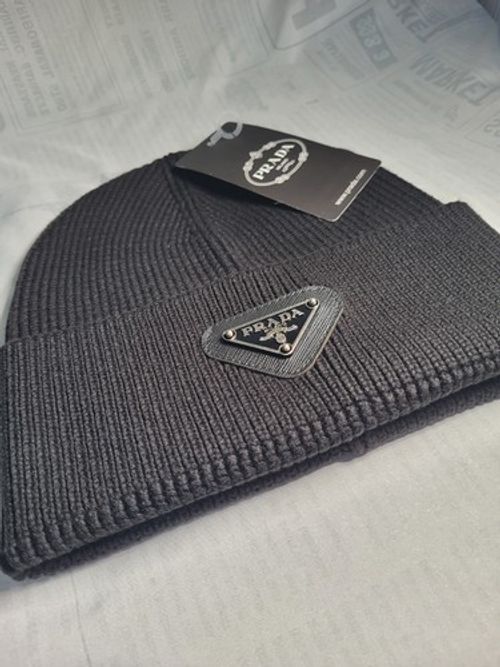 PRADA Knit Logo Beanie Hat One Size Black Brand New Unisex