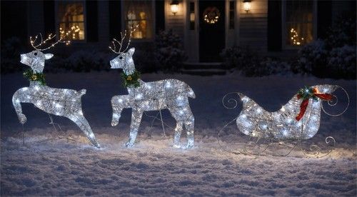 LED Silver Glitter Reindeer & Sleigh Christmas Decoration 60 Lights Outdoor