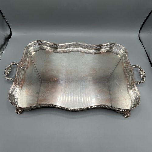 Antique Vintage Silver Plated Footed Serving Tray Handles Serpentine Scalloped — image 5