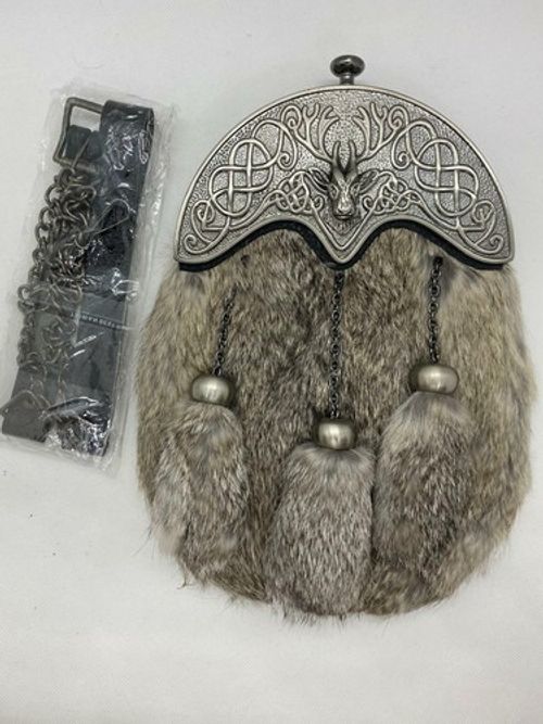 Scottish real  Leather Dress Kilt Sporran Fox Fur Celtic Cantle