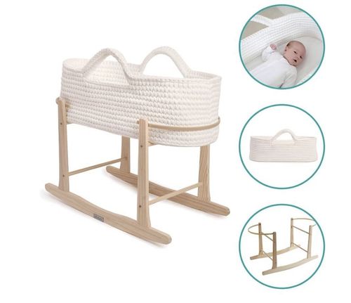 Clair de Lune White Crochet Oval Moses Basket Rocking Stand & Mattress Included — image 3