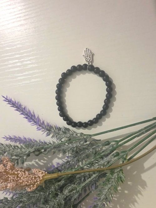 Black Beaded Stretch Slip-On Bracelet Round Beads Silver Tone Hamsa Charm