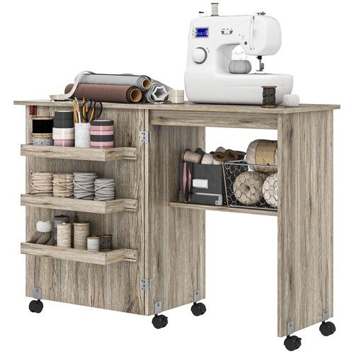 HOMCOM Folding Sewing Table Rolling Craft Table with Drop Leaf Wheels Grey