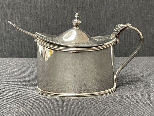 Edwardian Silver Plated Mustard Pot with Blue Glass Liner and Spoon