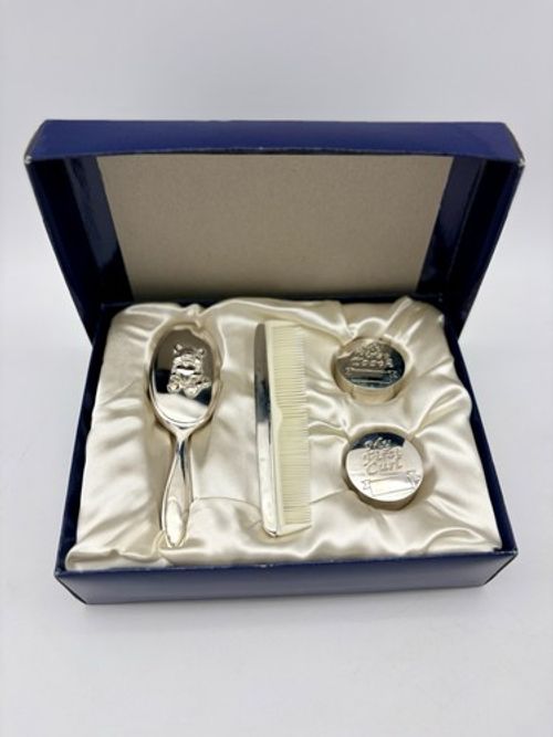 Vintage Silver Plated Christening Gift Set Teddy Bear Brush Comb Tooth Boxes