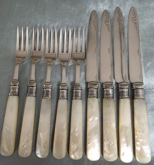 Antique Mappin & Webb Silver Plate Fruit Knives & Forks Mother Of Pearl Handles  — image 2