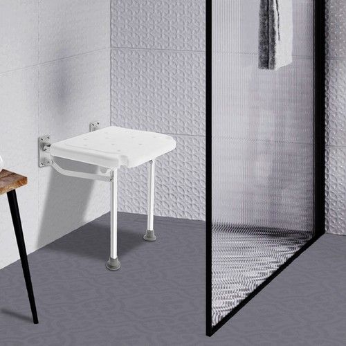 White Wall Mounted Folding Shower Seat, Shower Chair with Collapsible Legs Home