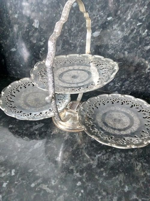 Vintage Silver-plated Queen Anne 3 Tier Folding Cake Stand Made In England