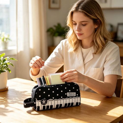 Piano Key Polka Dot Pencil Case Large Student Stationery Bag with Hand Strap — image 10
