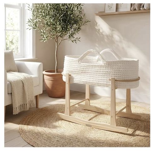 Clair de Lune White Crochet Oval Moses Basket Rocking Stand & Mattress Included — image 6
