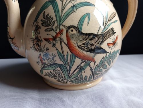 Antique Teapot Pottery + Pewter Lid Bird Robin Butterflies Insects Transferware — image 10