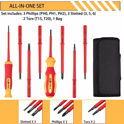 10 Piece VDE Insulated Electrician Interchangeable head Screwdriver Set & Pouch — image 10