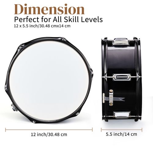 12 Inch Marching Snare Drum Kit with Drumsticks Strap & Drum Key Black — image 6